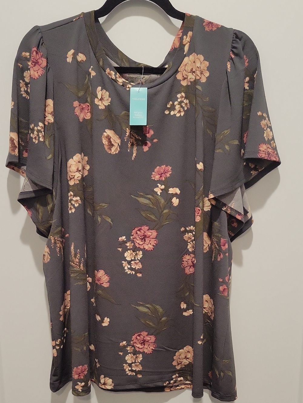 Mauricee Gray Floral Flutter Sleeve Blouse
